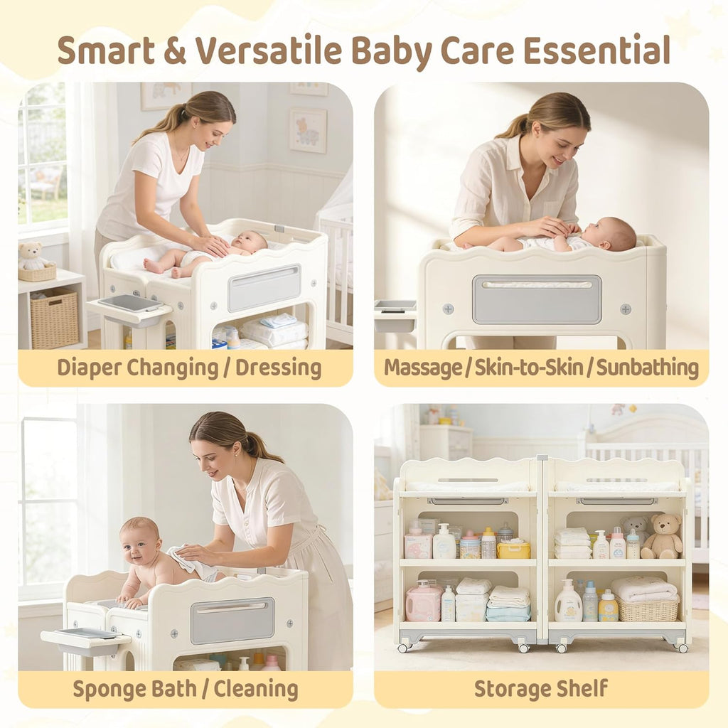 Baby Changing Table, with Lockable Wheels Foldable Portable Diaper Station, Waterproof Nursery Unit for Newborn Infant Essentials Storage Baskets & Cradle Travel-Friendly Easy-Clean Surface Compact