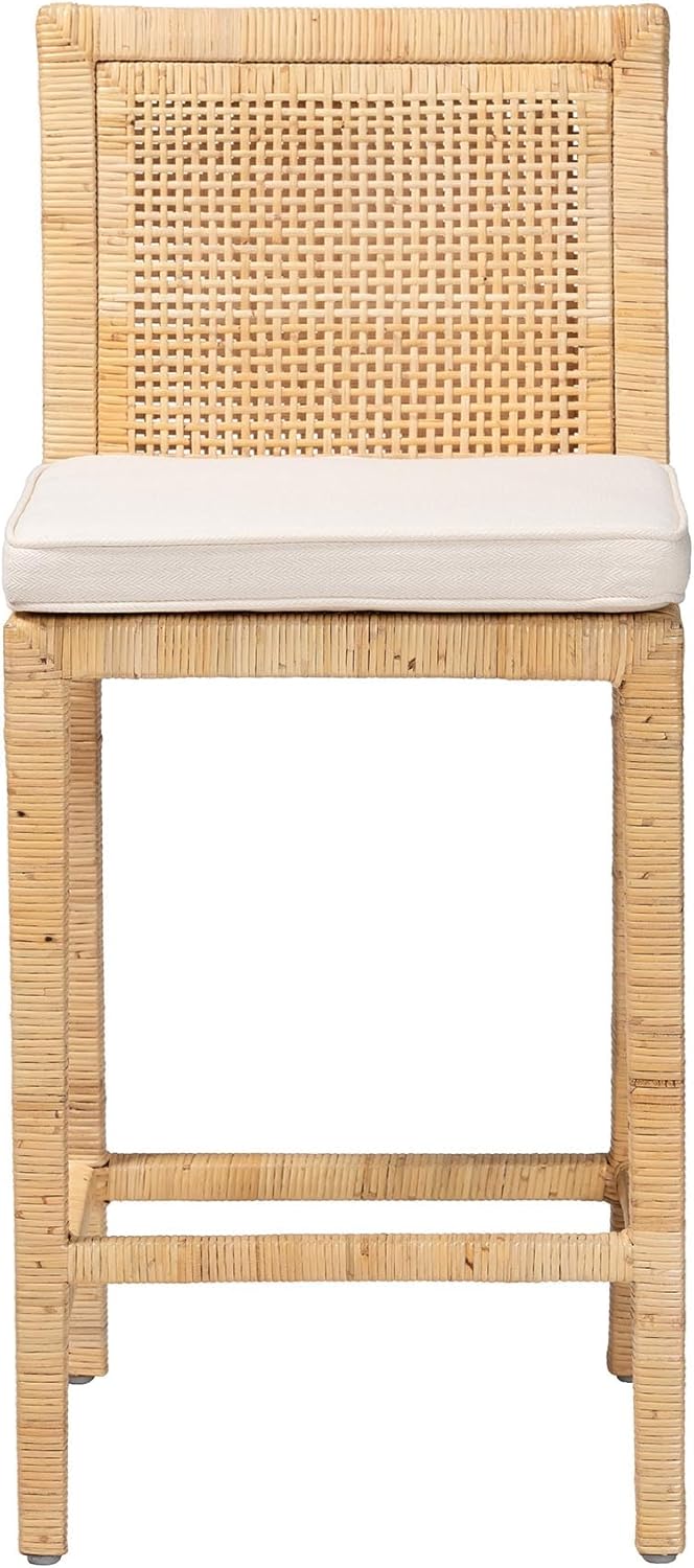 bali & pari Sofia Rattan Counter Stool with Mahogany Wood Frame - Handwoven Wicker Counter Chair with Removable Cushion, Light Honey