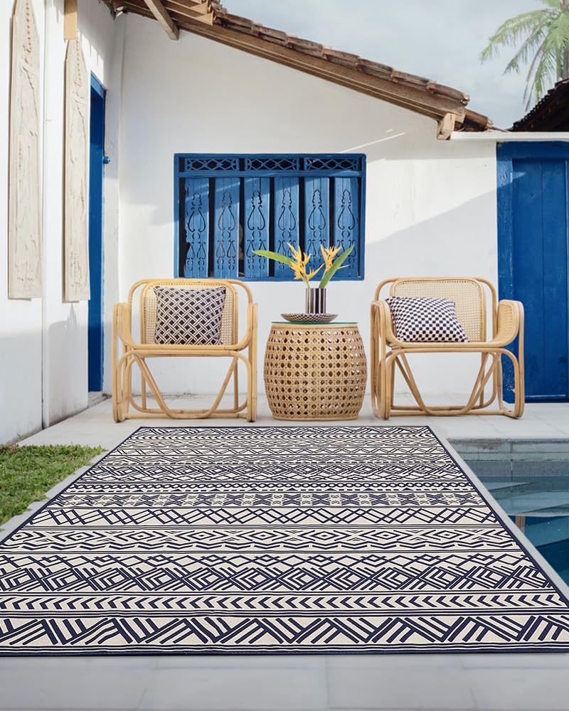 Outdoor Rug Carpet 9X12 ft, Flatweave Textured Outdoor Patio Rug Non Slip Indoor Outdoor Rugs with Rubber Particles Backing Boho Outdoor Area Rug for Patio Deck Front Porch Backyard Balcony, Navy