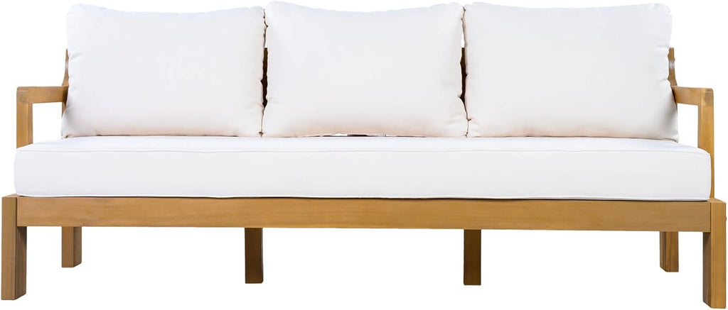 Christopher Knight Home Bayah Acacia Wood Outdoor 3 Seater Sofa with Cushion, Solid Wood Patio Sofa with Removable Cushion, Comfy Lounge Sofa for Patio Furniture Set, Natural Teak+Beige