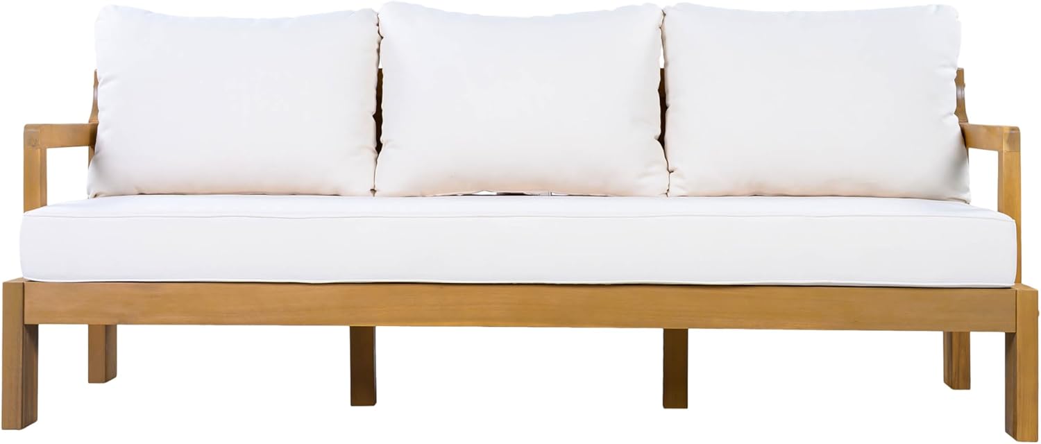 Christopher Knight Home Bayah Acacia Wood Outdoor 3 Seater Sofa with Cushion, Solid Wood Patio Sofa with Removable Cushion, Comfy Lounge Sofa for Patio Furniture Set, Natural Teak+Beige