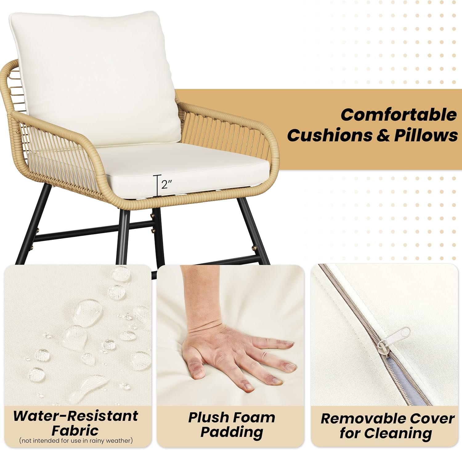 Yaheetech 4 Piece Patio Furniture Set, Outdoor Wicker Conversation Sets, Boho Loveseat & 2 Armchairs with Cushion and Pillow, Glass Top Table for Backyard, Porch, Balcony, Deck - Tan/Cream