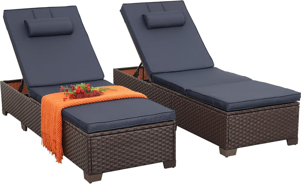 Rattan Star Outdoor Chaise Lounge Set of 2 Brown Wicker Patio Chaise Lounge Chairs Pool Lounge Chairs Multi-Angle Adjustable Backrest with Blue Cushions and Headrest