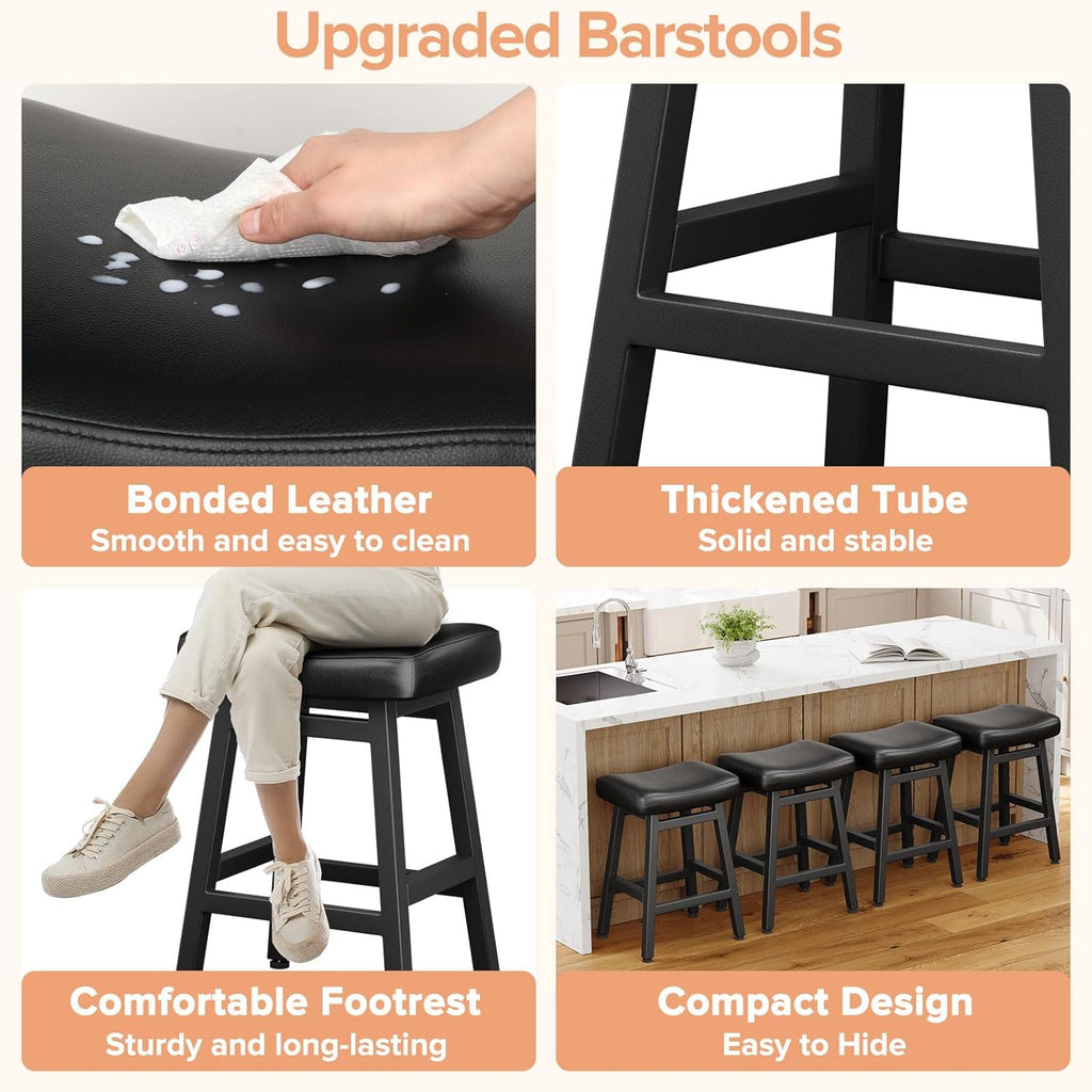 Raynesys Counter Height Bar Stools Set of 2, 24 Inch Barstools for Kitchen Counter, Kitchen Stools with Bonded Leather Saddle Seats & Heavy Duty Metal Legs, Easy Assembly, All Black