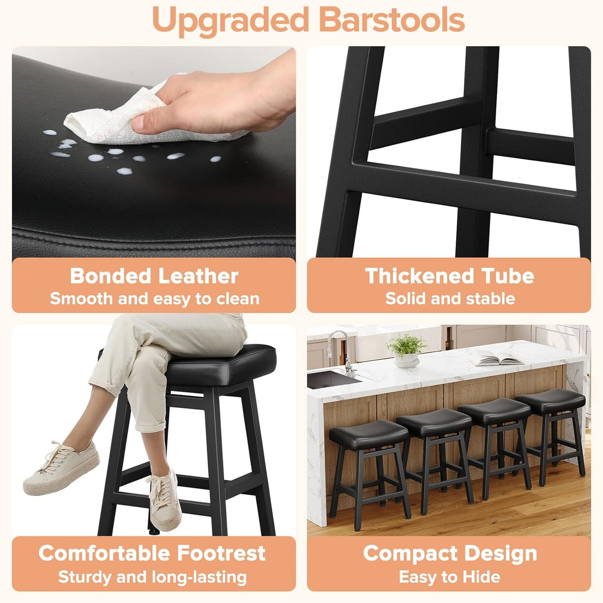 Raynesys Counter Height Bar Stools Set of 2, 24 Inch Barstools for Kitchen Counter, Kitchen Stools with Bonded Leather Saddle Seats & Heavy Duty Metal Legs, Easy Assembly, All Black