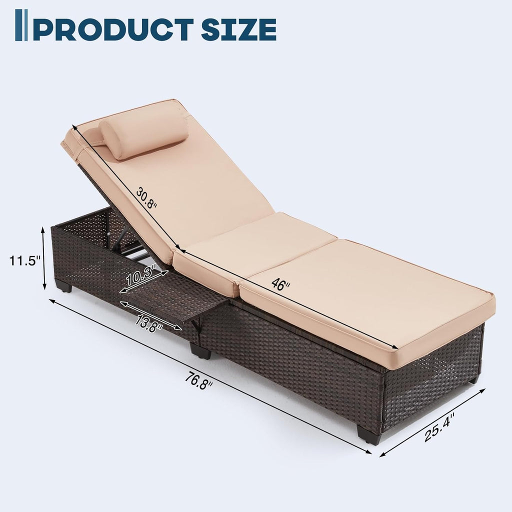 Outdoor Lounge Chairs, Pool Lounge Chairs Set of 2, Outdoor Chaise Lounge with Adjustable Backrest & Cup Holder,Khaki Cushion