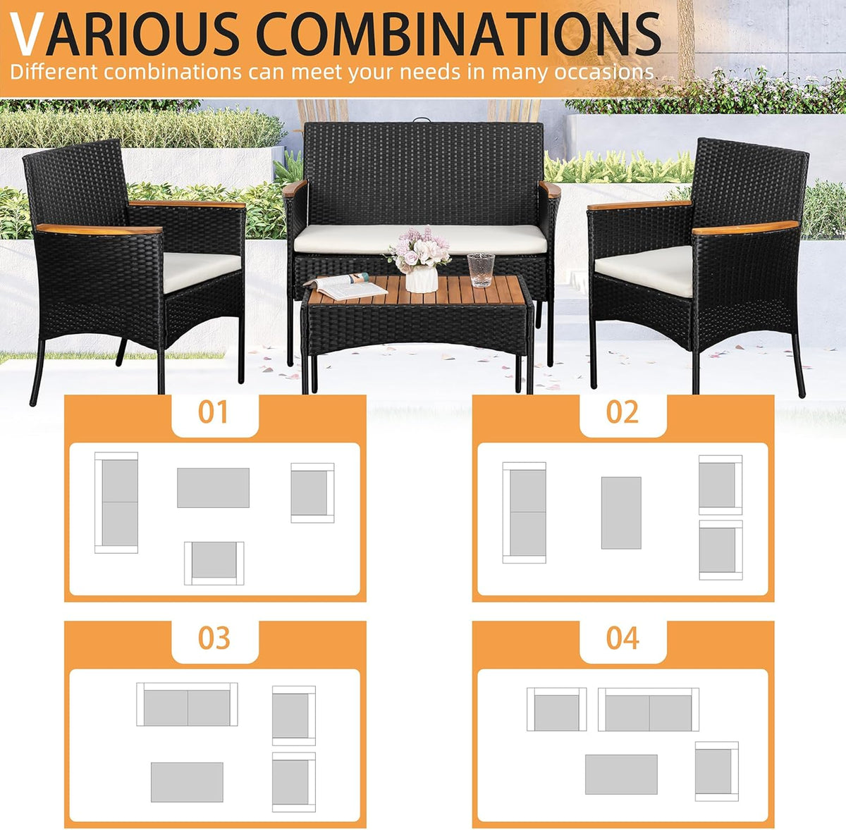 Shintenchi 4-Piece Patio Furniture Set, Outdoor Wicker Patio Conversation Furniture Set with Cushions and Wooden Tabletop for Paito Lawn Backyard Pool Garden, Black Rattan