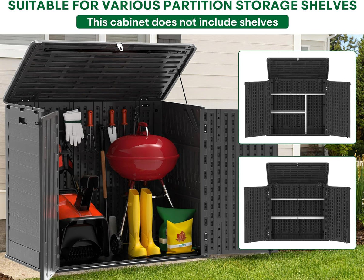 Outdoor Storage Shed, 30 Cu Ft Waterproof Horizontal Resin Storage Cabinet, Weather-Resistant Garden Shed Trash Can Storage with Pad-Lockable Doors for Backyards (Black)