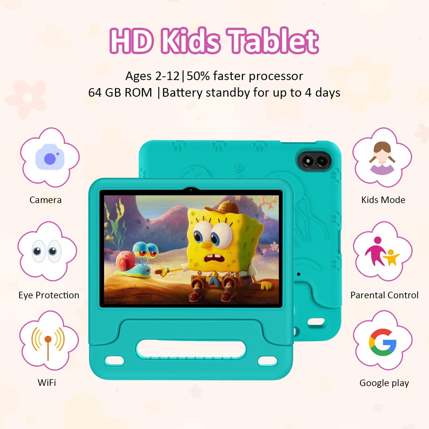 WXUNJA Android 15 Kids Tablet, 2025 Upgraded 10.1 Inch Tablets with Octa-core Processor, 6000mAh Battery, Kid Space, Parental Control,Pre-Loaded Kids Apps, 2.4/5GHZ Dual WiFi, Case Included, Green