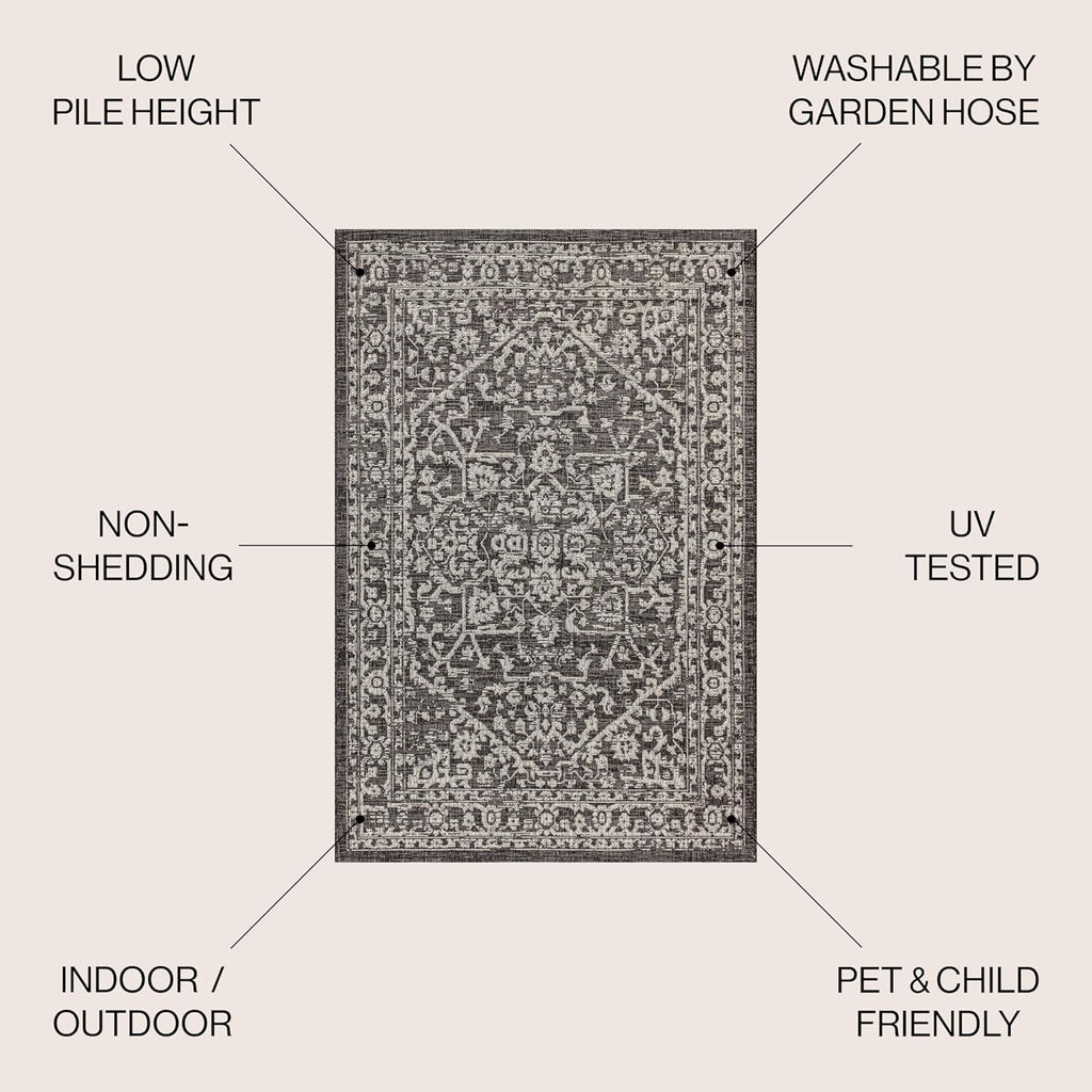 JONATHAN Y Boho Medallion Indoor Outdoor Area Rug 8X10 Black/Gray, Malta Textured Weave for Backyard, Patio, Porch, Easy-Cleaning, High Traffic, Pet-Friendly, Non-Shedding (SMB104C-8)