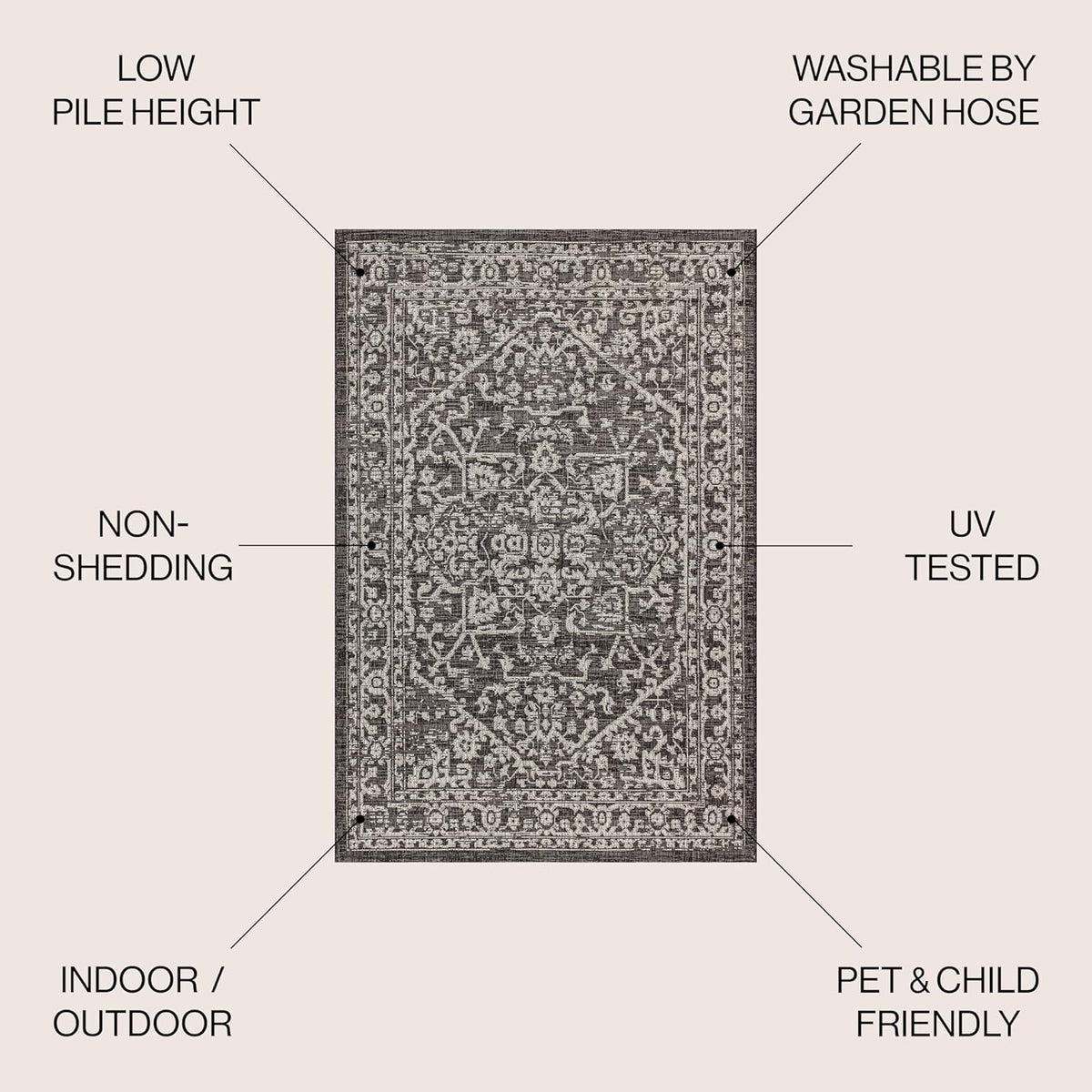JONATHAN Y Boho Medallion Indoor Outdoor Area Rug 8X10 Black/Gray, Malta Textured Weave for Backyard, Patio, Porch, Easy-Cleaning, High Traffic, Pet-Friendly, Non-Shedding (SMB104C-8)