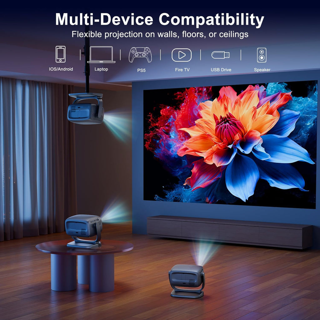 4K Smart Portable Projector with 5G WiFi,Bluetooth 5.2,600 ANSI Projector with Built in App,1080P Outdoor Movie Projector with 4P4D Correction,Rotatable 180°,Max 220" Compatible with iPhone/Android/TV