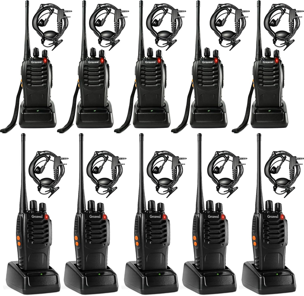 Walkie Talkies 10 Pack Rechargeable Two-Way Radios with Earpiece 16 Channel for Adults, Li-ion Battery and Charger Included, Long Range Walkie talkies (Pack of 10)
