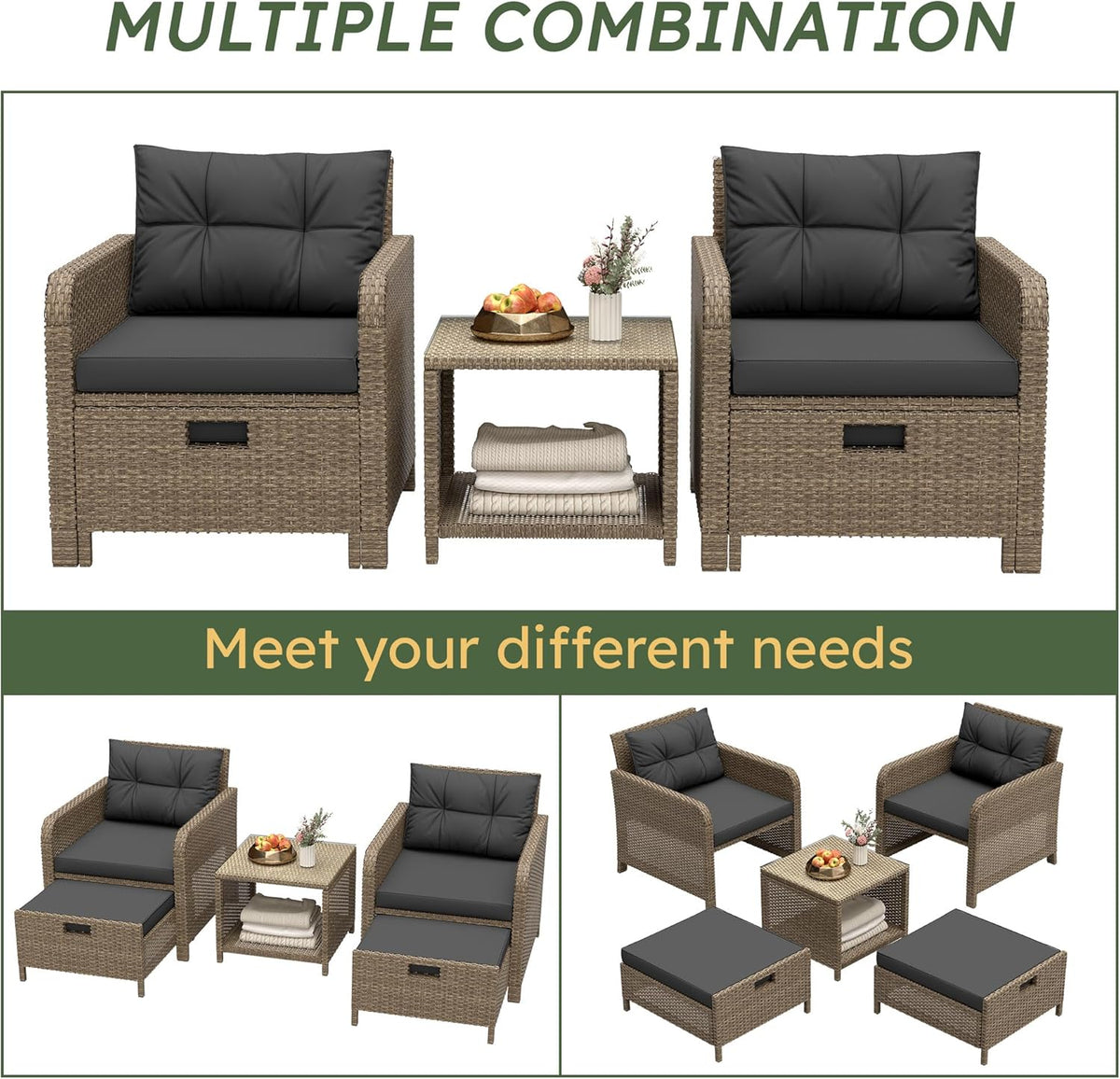 LHBcraft Balcony Furniture 5 Piece Patio Conversation Set, PE Wicker Rattan Outdoor Lounge Chairs with Soft Cushions 2 Ottoman-Glass Table for Porch