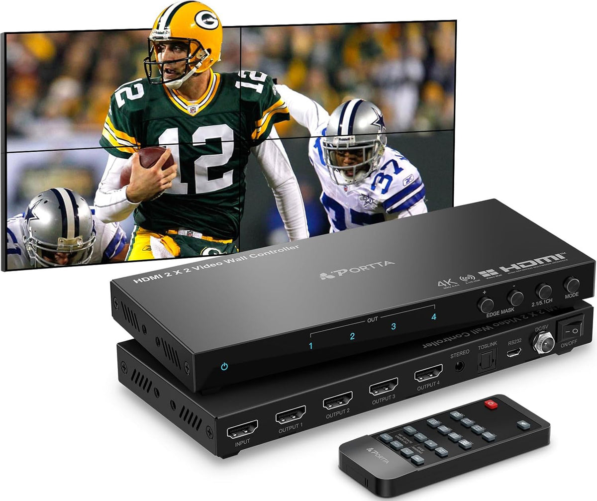 PORTTA HDMl Video Wall Controller 2x2 4K, Video Wall Processor with 11 Splicing Modes, RS232, 180° Rotate, Audio Extractor, 2x2,1x2,1x3,1x4,2x1,3x1x4x1, 4 tv Screens into 1 Wall Display