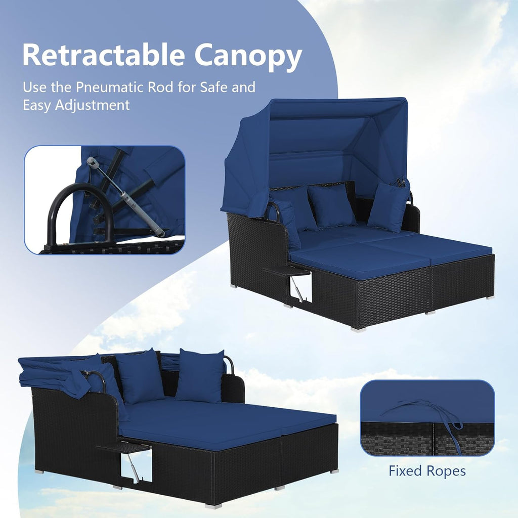 COSTWAY Outdoor Daybed with Retractable Canopy, Wicker Patio Furniture Set with Cushioned Pillows, Patio Rattan Daybed for Deck, Backyard, Poolside (Navy)