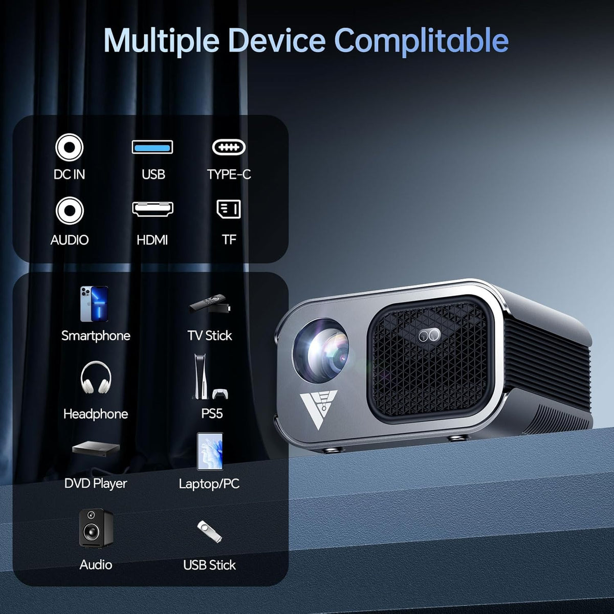Home Projector with WiFi and Bluetooth, Native 1080P, 4K Support, Portable Smart Projector, Mirror Screen, Compatible with Android, iOS SmartPhone/PC/PS5/TV Stick for Home Movies