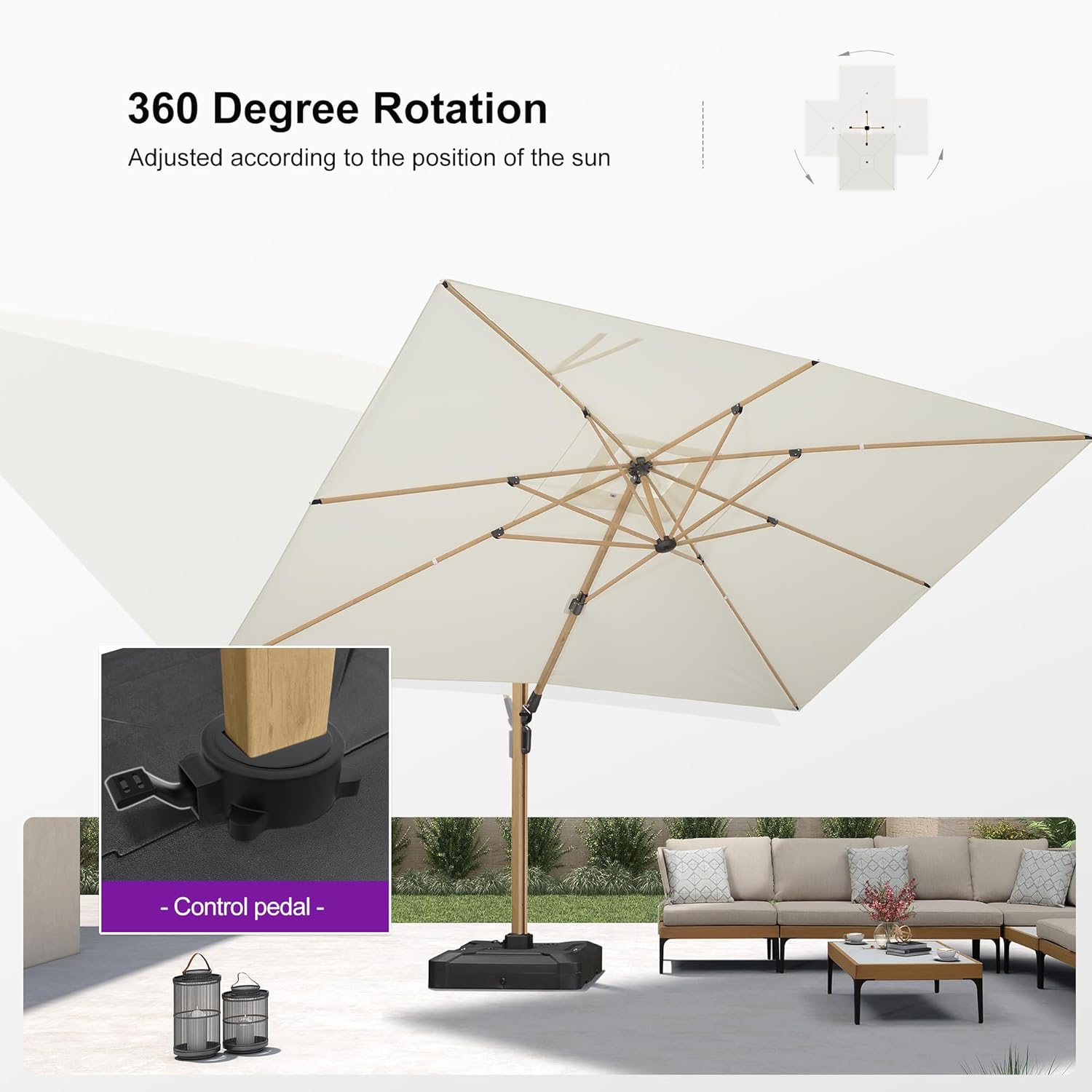 PURPLE LEAF 10' x 13' Rectangle Patio Cantilever Umbrella With Base Large Hanging Umbrella Teak Finished Aluminum Frame Windproof Offset Outdoor Sun Umbrellas for Beach Pool Deck, Cream