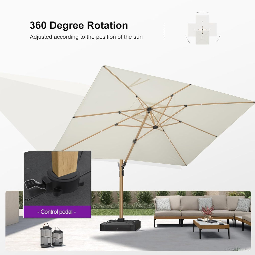 PURPLE LEAF 10' x 13' Rectangle Patio Cantilever Umbrella Large Hanging Umbrella Teak Finished Aluminum Frame Windproof Offset Outdoor Sun Umbrellas for Beach Pool Deck, Cream