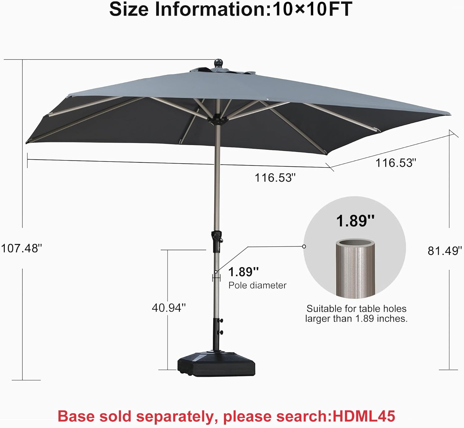 PURPLE LEAF 10' x 10' Square Patio Umbrella, Alumimum Outdoor Market Umbrella with 3 Year Fade Resistant, Pool Umbrella for Deck Garden, Patio, or Poolside, Lawn
