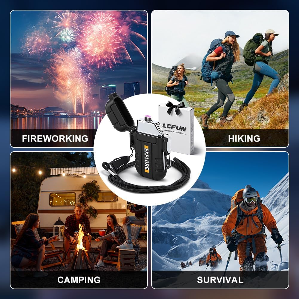 LcFun Electric Lighter USB C Rechargeable Plasma Lighter Windproof Flameless Arc Lighters, Waterproof Matches for Camping Hiking Hunting, Survival Tactical Gear Gifts for Men Fathers Husband