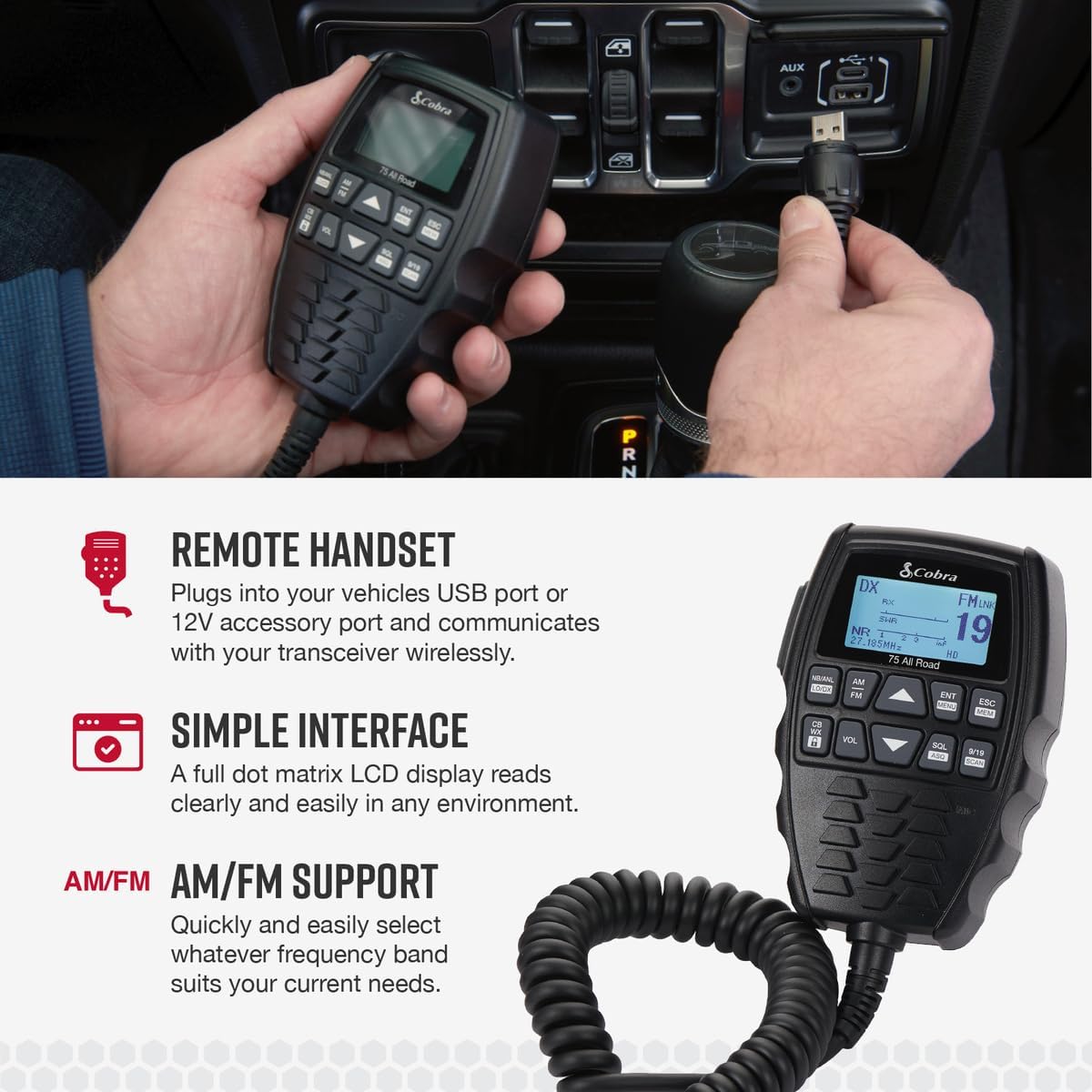 Cobra 75 All Road Wireless CB Radio - Dual-Mode AM/FM, Full 40 Channels, Bluetooth Connectivity, Digital Noise Cancellation, Waterproof, Instant Channel 9, 4-Watt Output, Easy to Operate, Black