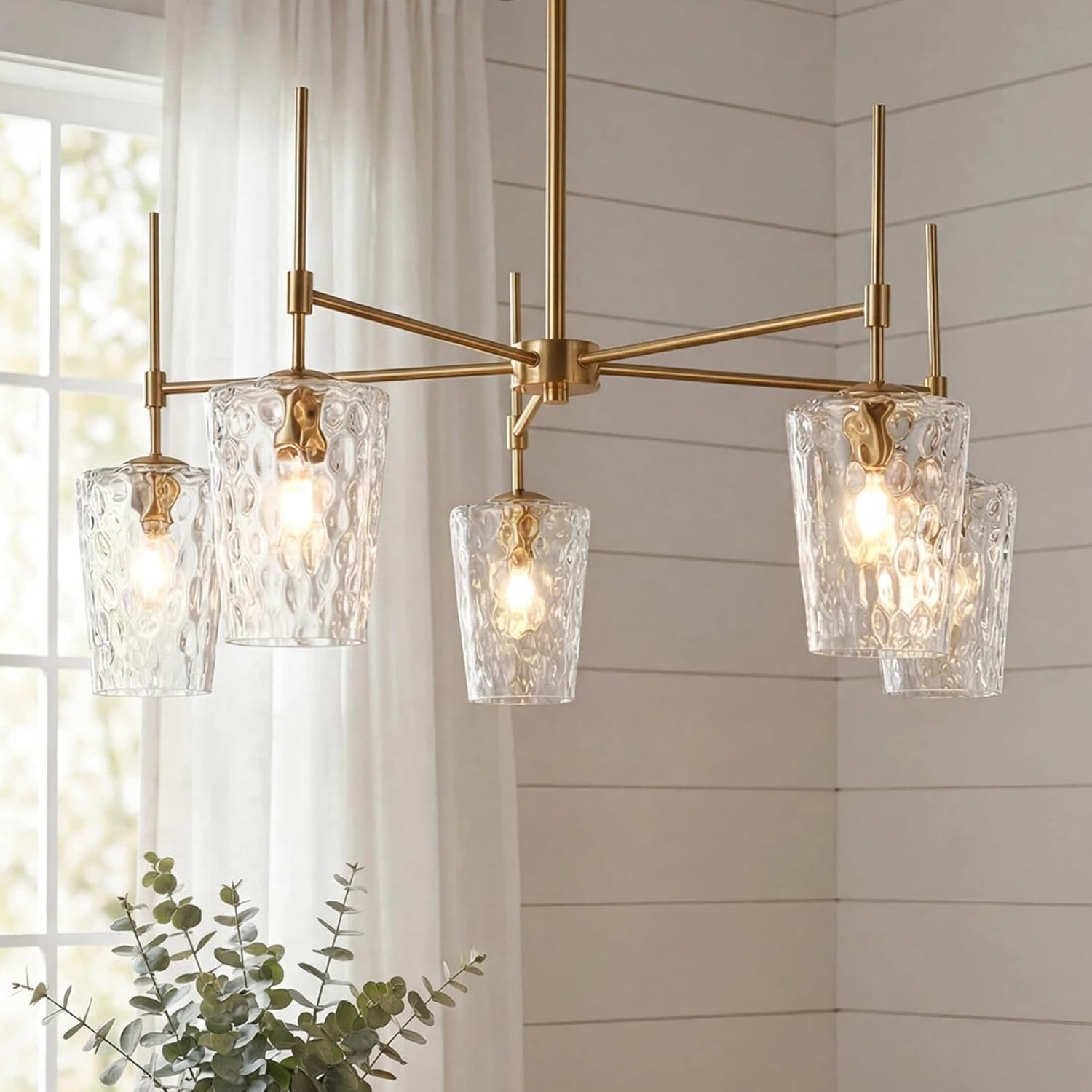 Tribesigns Modern Gold Chandelier with Water Ripple Wine Glass Shades, 5-Light Pendant Light with Adjustable Height for Dining Room, Kitchen Island, Living Room, E12 Base