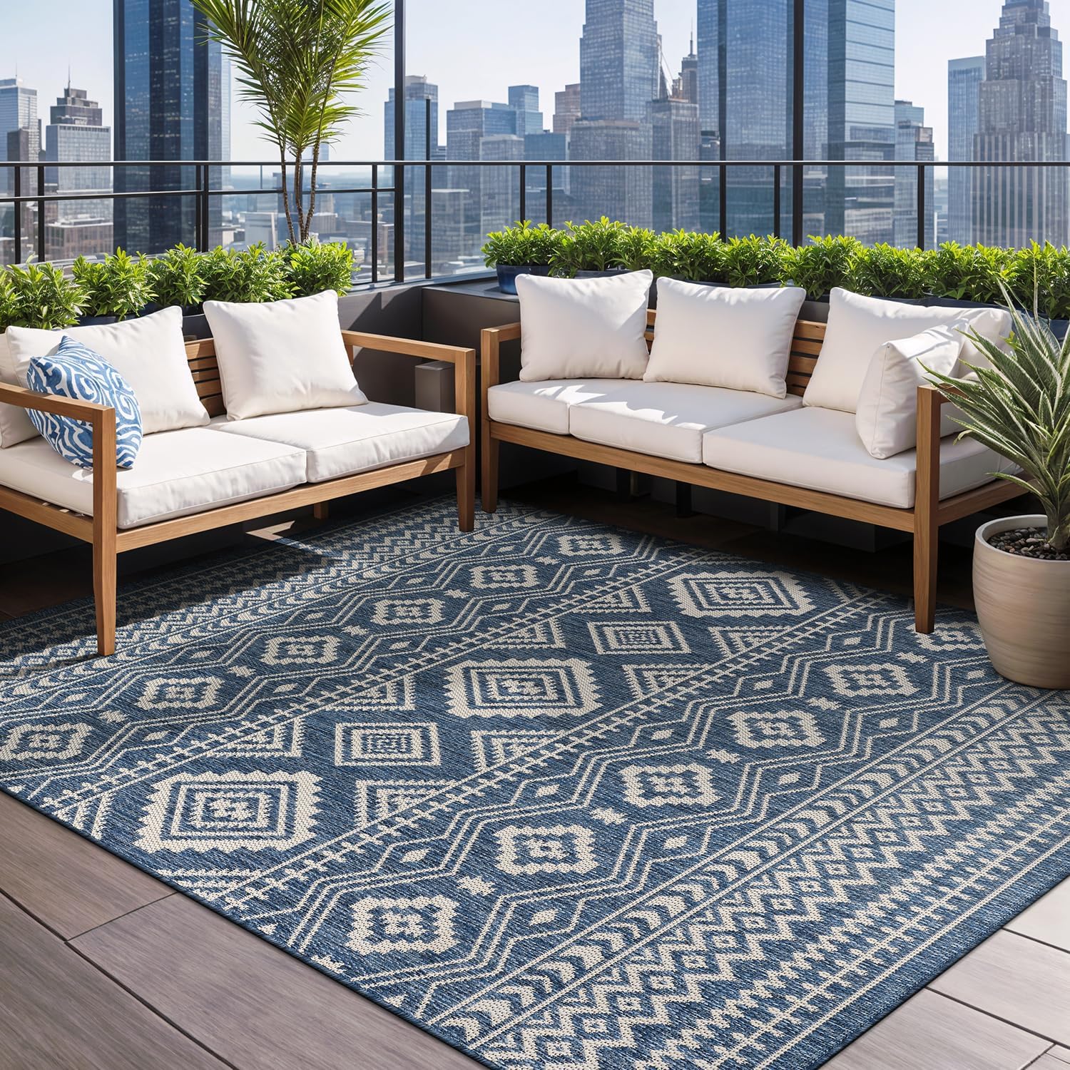 Beverly Rug Waikiki Boho Indoor Outdoor Rug 9x12, Washable Outside Carpet for Patio, Deck, Porch, Bohemian Area Rug, Farmhouse Rugs, Aztec Tribal Rug, Azure and White