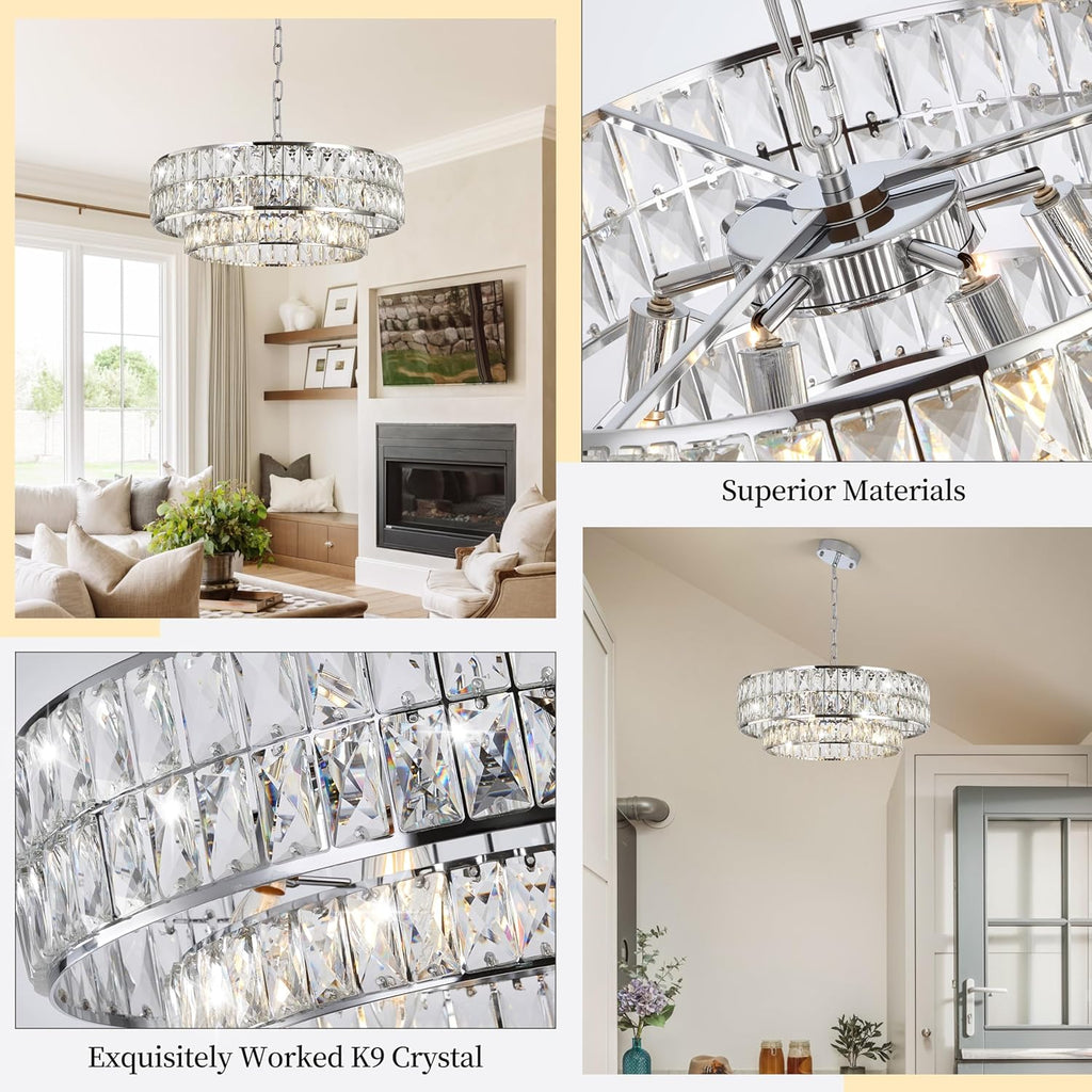 20 Inch Contemporary Luxury Crystal Chandelier, 6-Light Chrome Semi-Flush Mount Ceiling Fixture, Round Crystal Pendant Design Perfect for Living Room, Dining Room, Kitchen, Foyer & Bedroom