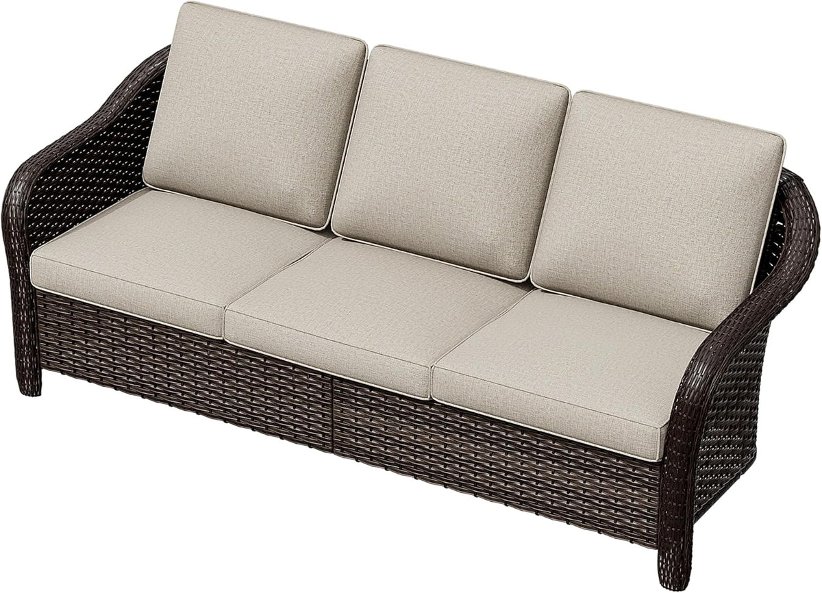 78" Wicker 3-seat Sofa, Outdoor Conversation Furniture, All-Weather Rattan Couch, Steel Frame Couch with Cushions for Garden, Poolside, Porch (Beige)