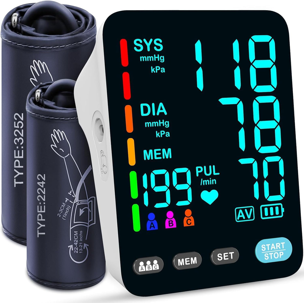 Blood Pressure Monitor, Automatic Upper Arm Blood Pressure Monitors for Home Use, 2 Blood Pressure Machine Cuff(9-17in & 13-21in) with Large LED Backlit Display, 3x199 Reading Memory Users White