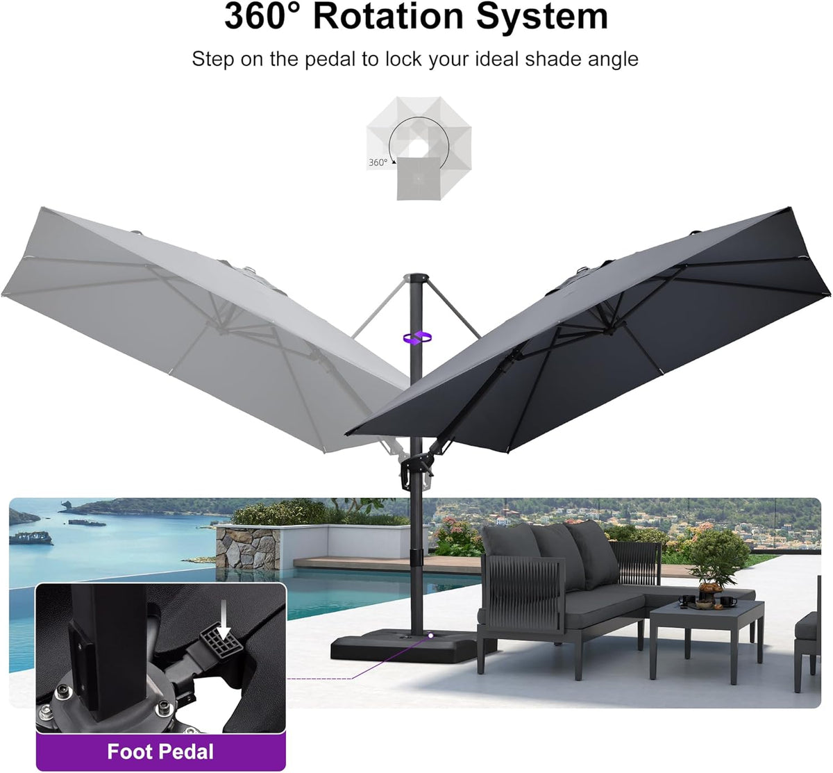PURPLE LEAF 9.8' X 9.8' Tilting Patio Umbrella with Base Outdoor Cantilever Swivel Square Umbrella with Tilt Aluminum Offset Umbrella with 360-degree Rotation for Garden Deck Pool Patio Light Grey