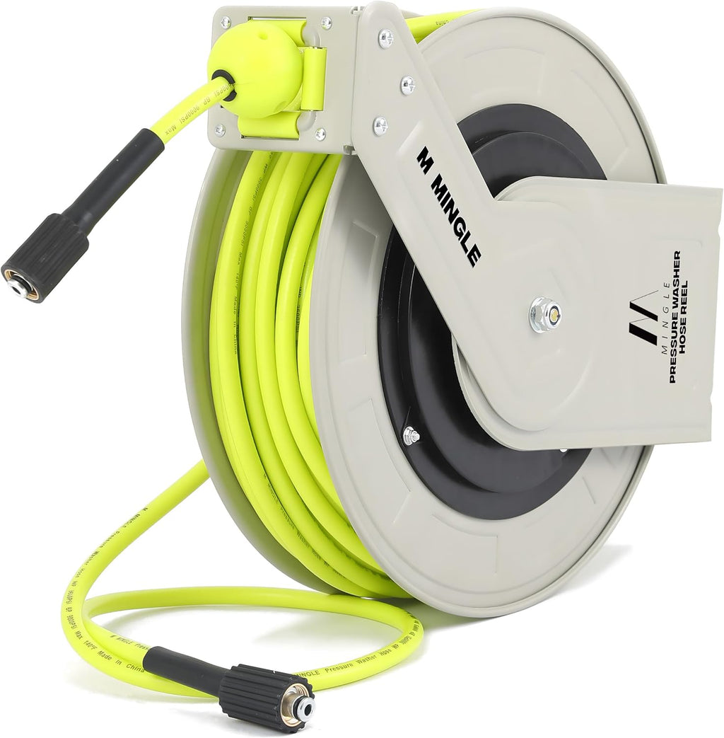 M MINGLE Retractable Pressure Washer Hose Reel, 1/4" × 100ft Heavy Duty Professional Hose Reel, Auto Rewind Power Washer Hose Reel, Wall/Floor Mounted, 3600 PSI