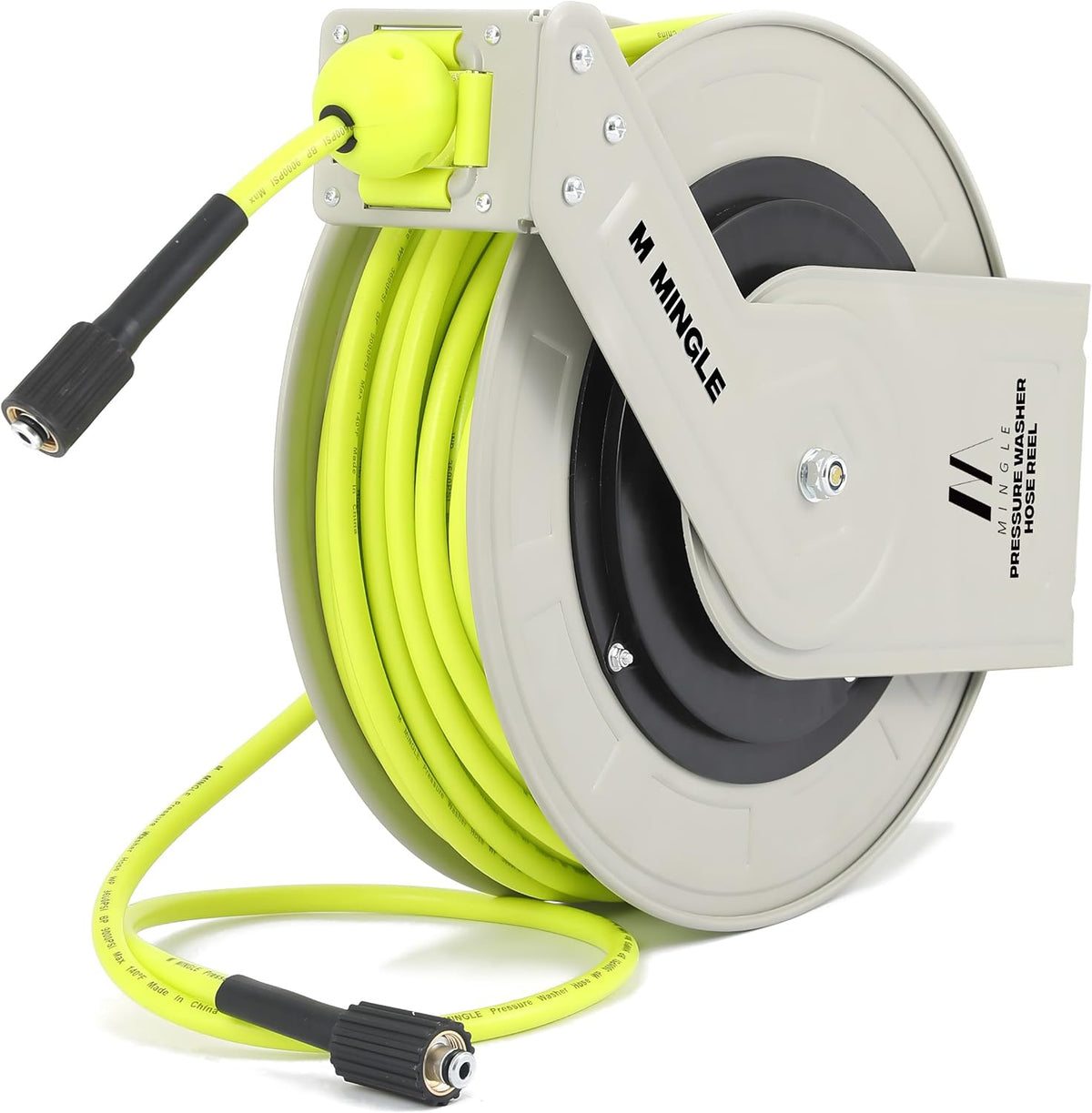 M MINGLE Retractable Pressure Washer Hose Reel, 1/4" × 100ft Heavy Duty Professional Hose Reel, Auto Rewind Power Washer Hose Reel, Wall/Floor Mounted, 3600 PSI