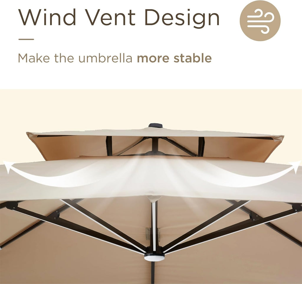 Deconk 10' X 13 'Patio Umbrella with LED Lights Outdoor Cantilever Large Rectangle Offset Umbrellas Heavy Duty Aluminum Double Top with 360-degree Rotation for Pool Garden Deck, Beige