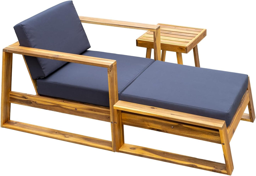 Merax 3 Piece Patio Furniture Set,Acacia Wood Outdoor Lounge Set,Chair & Ottoman and Table, Perfect for Patios, Balconies,and Gardens,Natural+Grey