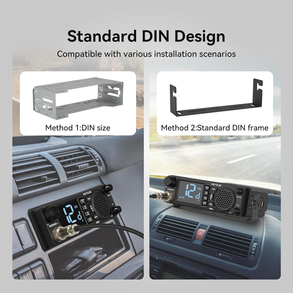 Retevis MB4 DIN Mount CB Radio Kit, NRC Noise Canceling Mobile Radio, Front Facing Speaker, PA, Cigarette Lighter, 40-Channel AM/FM, Long Range CB Radio with Antenna for Trucker Off Road Emergency