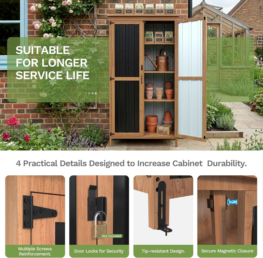 Greesum Outdoor Storage Cabinet with 3 Adjustable Shelves, Wood & Metal Garden Storage with Lockable Doors, Tall Weatherproof Shed for Tools, Lawn Equipment, Pool Accessories, Black