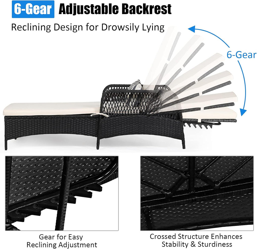 Tangkula Wicker Chaise Lounge Outdoor, Patio Rattan Reclining Chaise with 6-Gear Adjustable Backrest, Thick Padded Cushion & Removable Lumbar Pillow, Pool Lounge Chairs for Outside Balcony Backyard