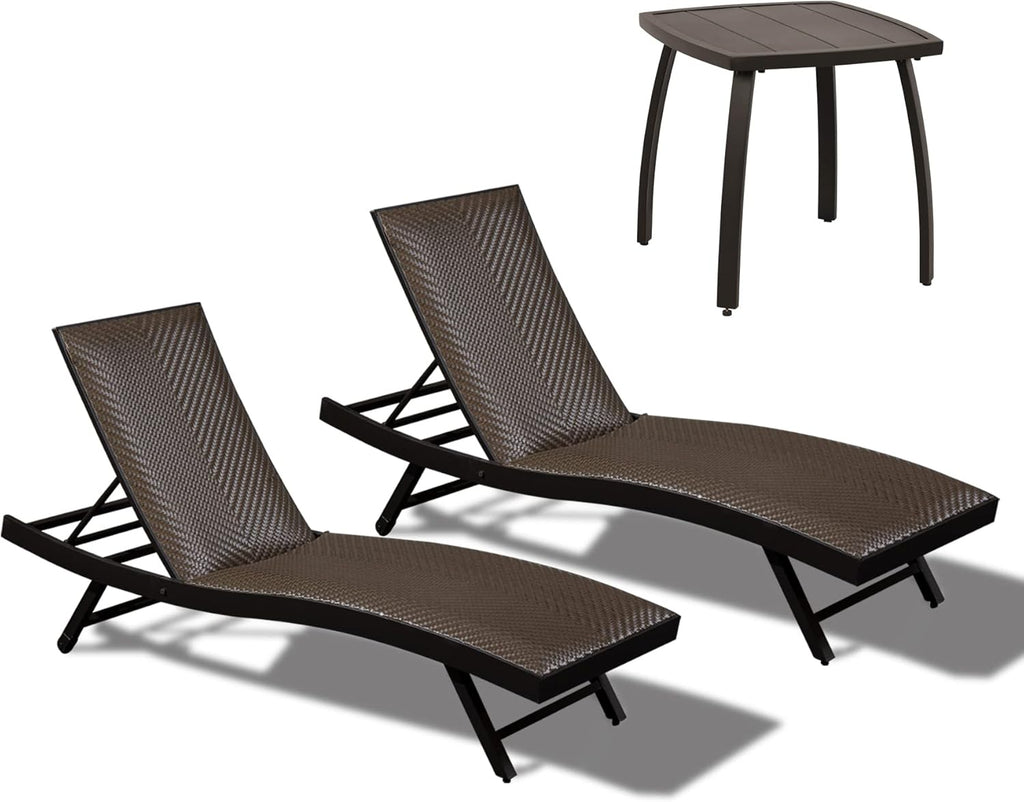 Domi 3 PCS Outdoor Chaise Lounge Set, Aluminum Patio Padded Quick Dry Foam Wicker Lounge Chair with Adjustable Back for Beach Poolside Lawn Sunbathing (2 Chairs W/Table)