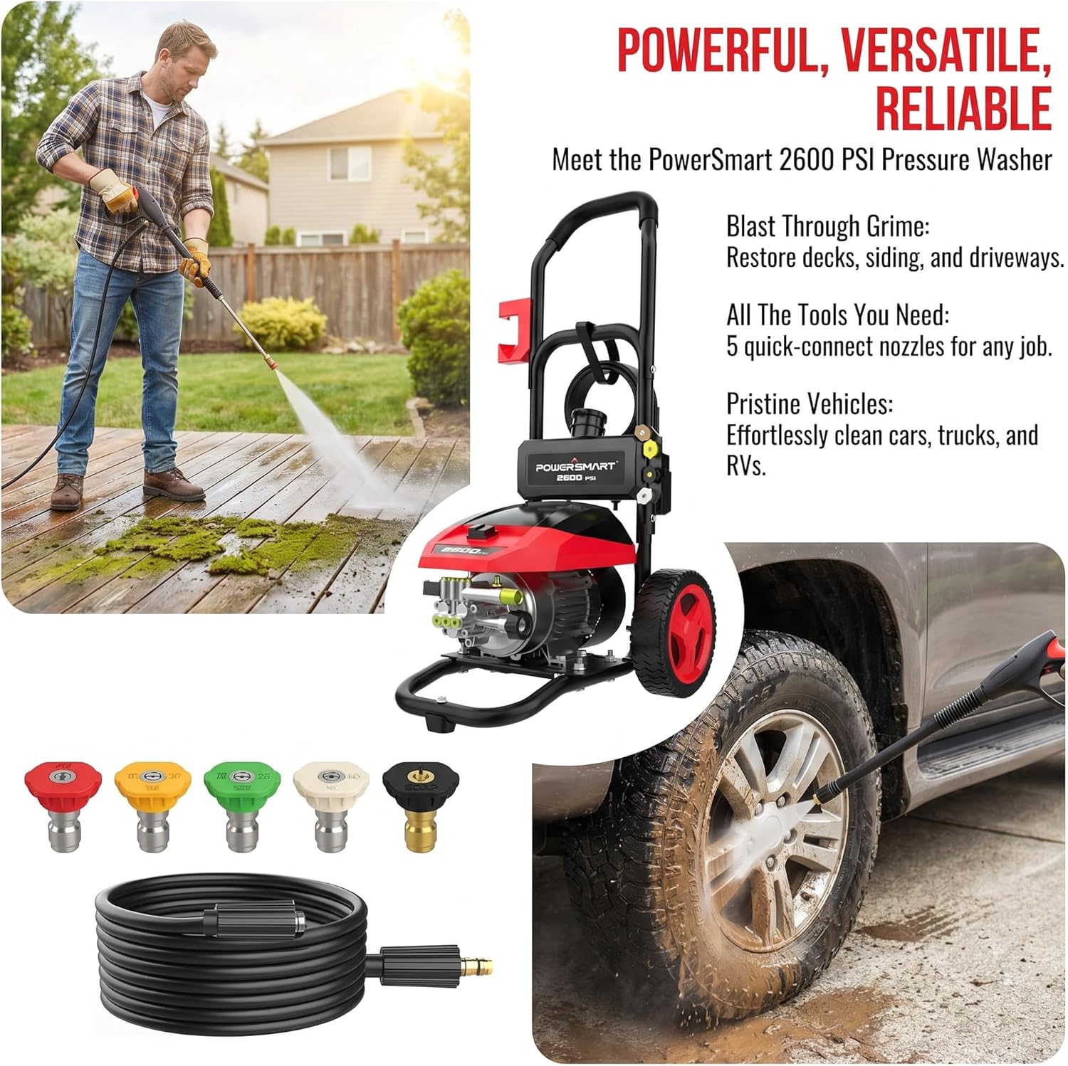 PowerSmart 3000 PSI Max Electric Pressure Washer-1.2 GPM Brushless Motor Power Washer with 5 Nozzles, GFCI Protection, 8” Wheels and Soap Tank, for Car, Patio, Fence, Driveway Cleaning
