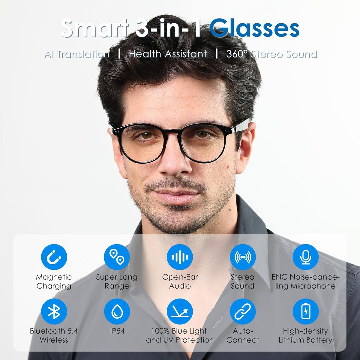 GetD AI Glasses for Men & Women, Smart Glasses Powered by ChatGPT, AI Real-time Translation with 145 Languages, 11H Music Play, Bluetooth Glasses with Anti-Blue Light Lens for Daily Use, Travel