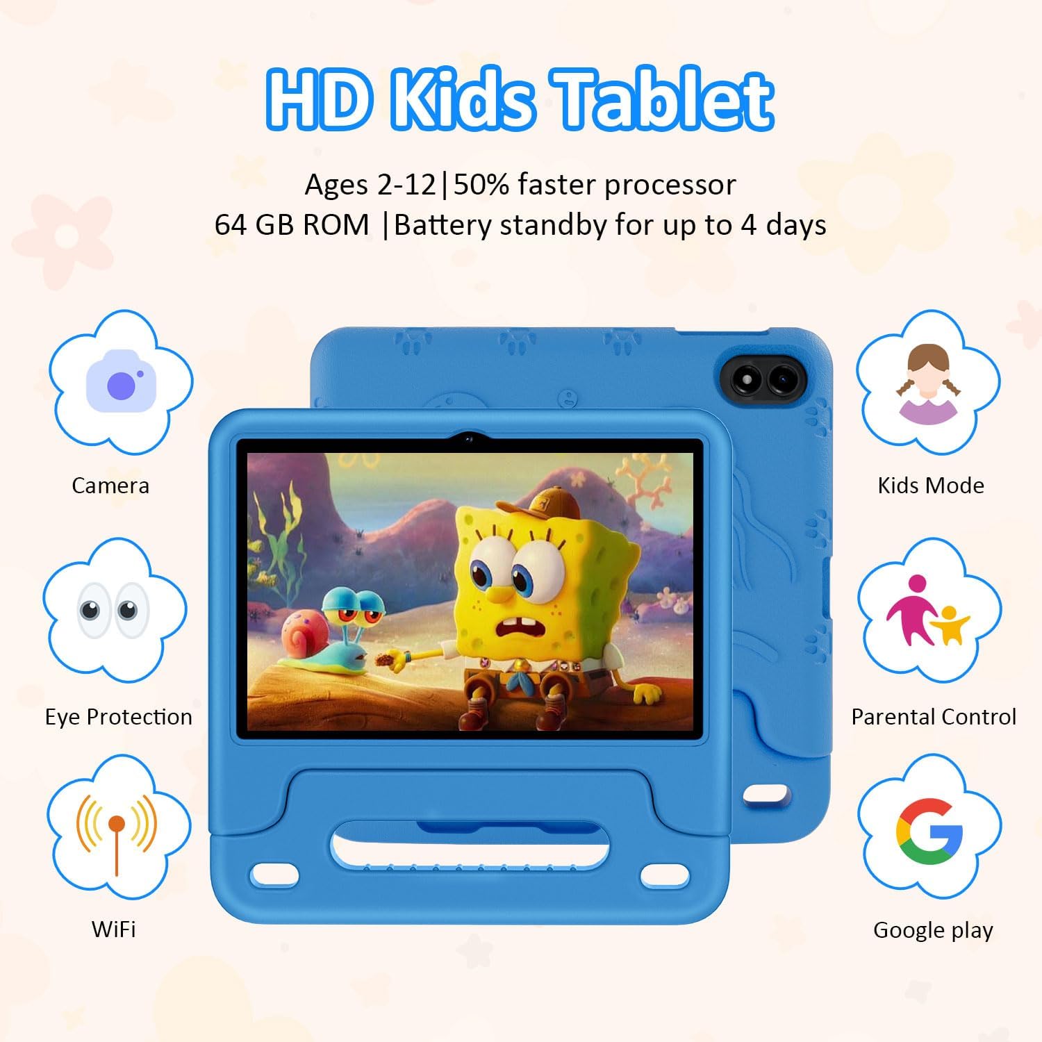 WXUNJA Android 15 Kids Tablet, 2025 Upgraded 10.1 Inch Tablets with Octa-core Processor, 6000mAh Battery, Kid Space, Parental Control,Pre-Loaded Kids Apps, 2.4/5GHZ Dual WiFi, Case Included, Blue