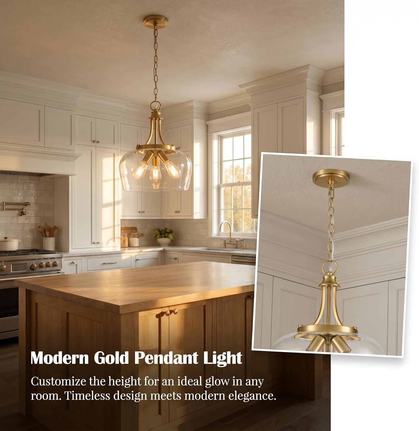 Modern 3-Light Gold Pendant Light with Clear Glass Shade, Mid Century 15-Inch Pendant Lighting Adjustable Height Hardwired Brass Glass Chandelier for Kitchen Island Dining Room