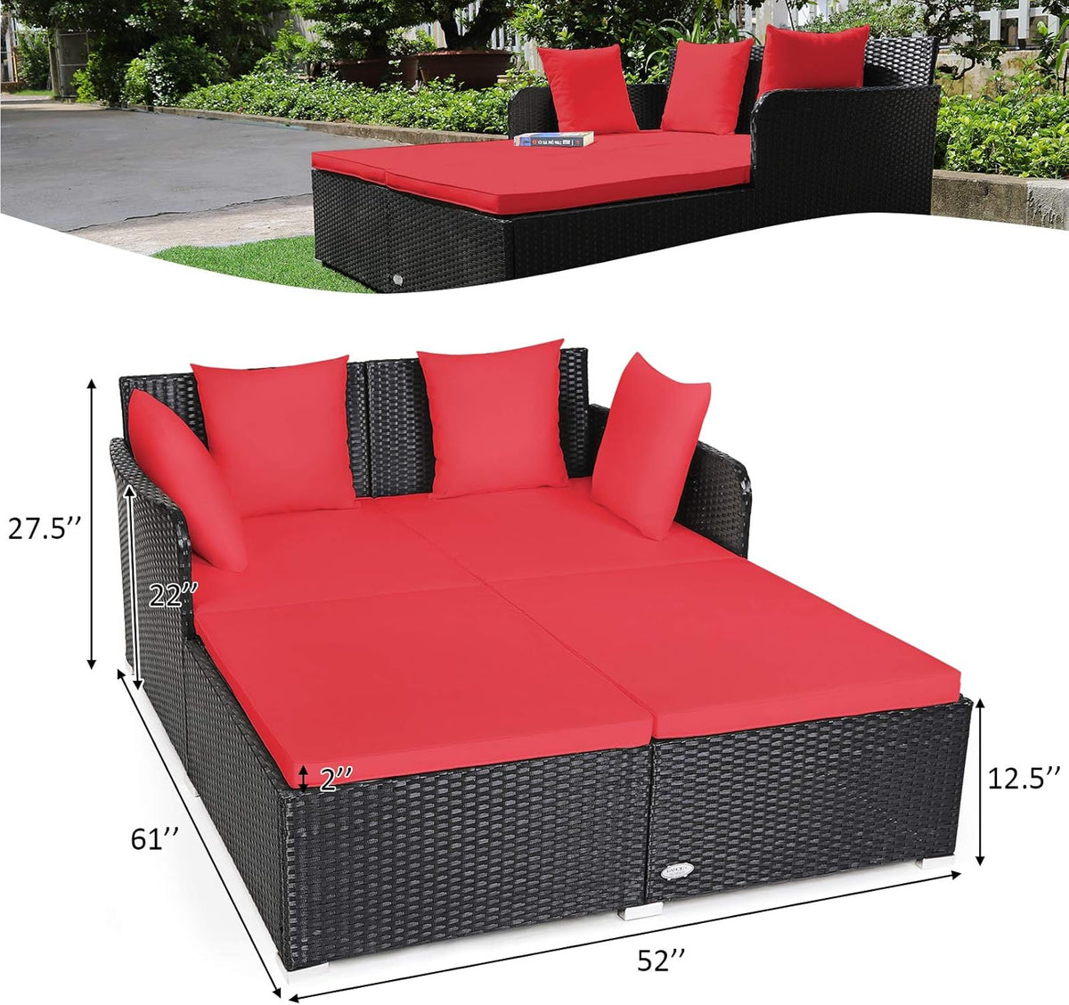 COSTWAY Outdoor Patio Rattan Daybed, Sponge Cushioned Loveseat Sofa with 4 Pillows, Wicker Furniture Sunbed for Balcony, Courtyard (Red)