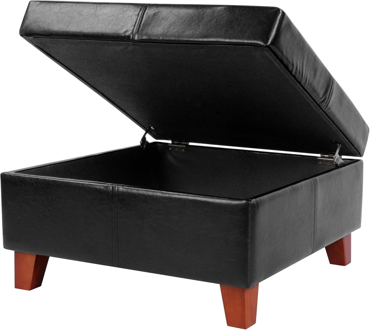 HomePop Faux Leather Square Storage Ottoman with Wood Legs, Black