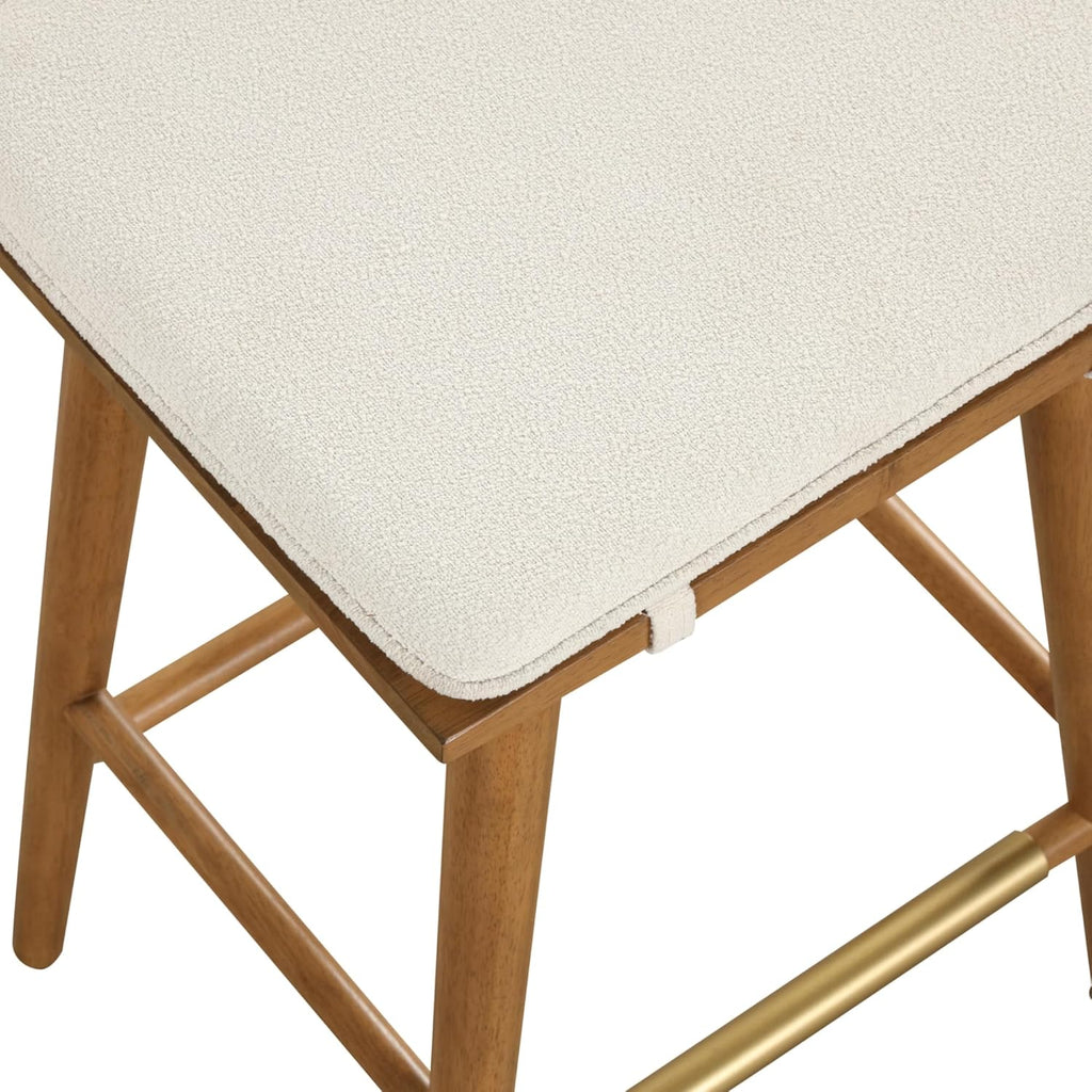 Nathan James Barker Counter Height Solid Wood Barstool with Upholstered Cushion, Backless Island Stool with Rubberwood Legs and Natural Textured Linen Upholstery for Kitchen, Brown/White, Set of 2