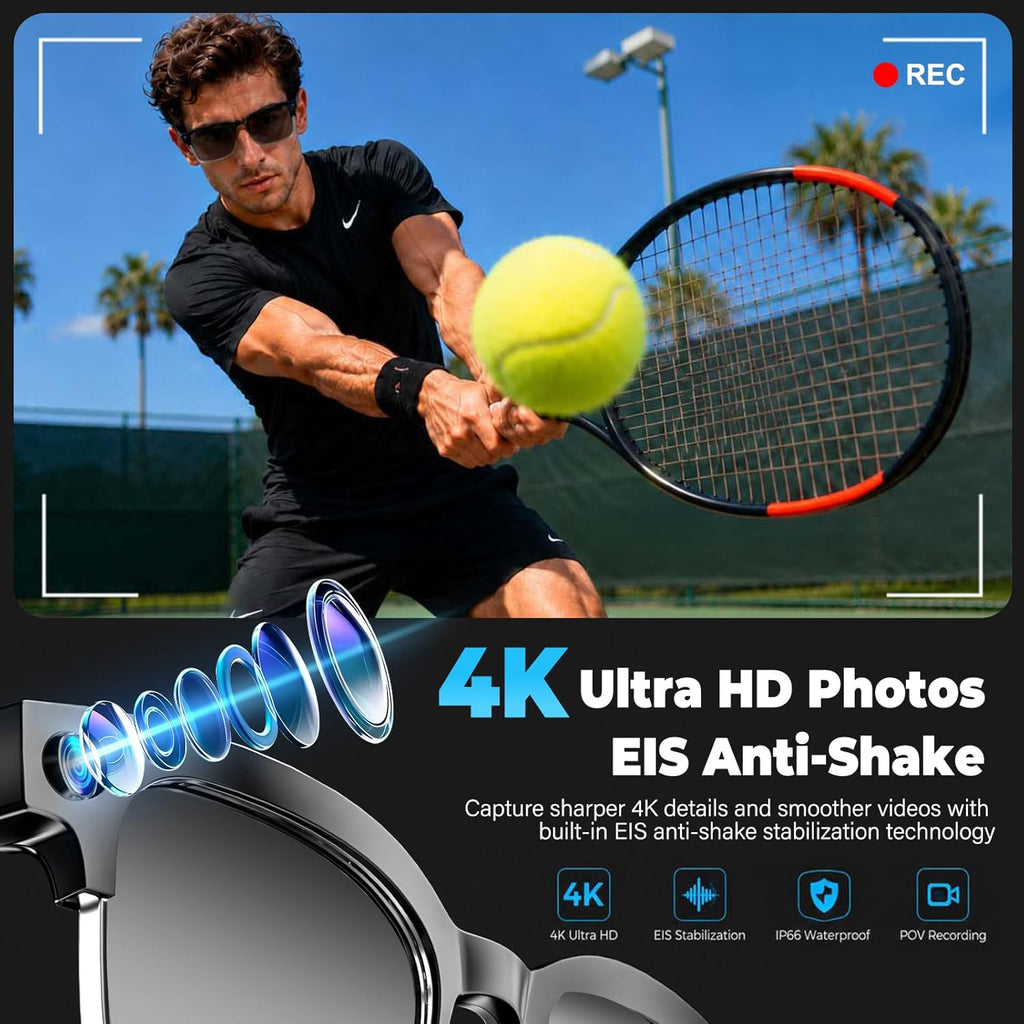 AI Smart Glasses with Camera, 4K EIS Anti-Shake Video & Photo Capture, Real-Time Translation,Open-Ear Bluetooth Audio, Object Recognition, Recording Sunglasses with Photochromic