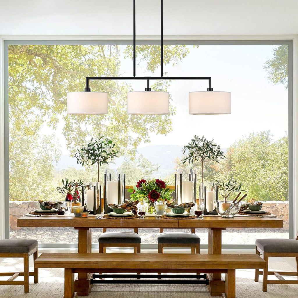 47" W Modern Linear Kitchen Island Pendant Light Fixture 3-Light White Linen Drum Shade Chandelier Black Metal Linear Chandeliers for Dining Room Farmhouse Hanging Light for Living Room, Bar, E26