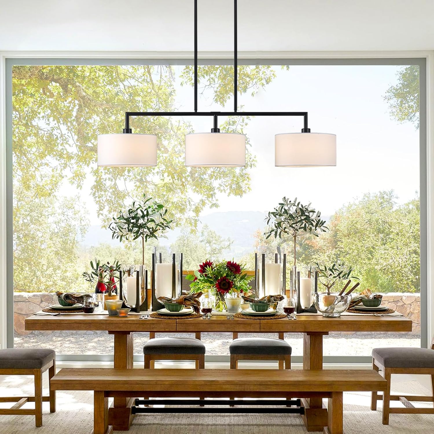 47" W Modern Linear Kitchen Island Pendant Light Fixture 3-Light White Linen Drum Shade Chandelier Black Metal Linear Chandeliers for Dining Room Farmhouse Hanging Light for Living Room, Bar, E26